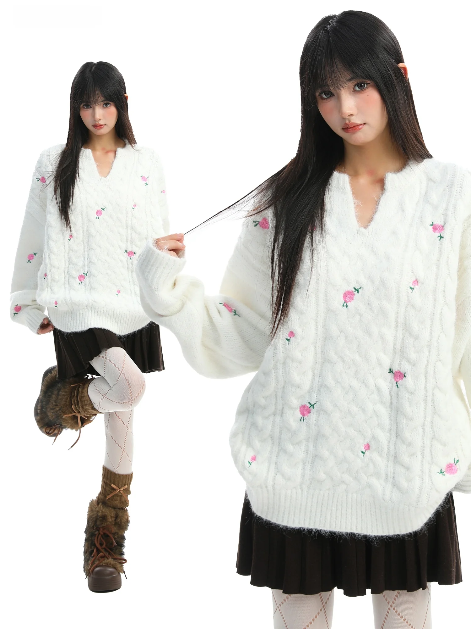 

Soft Cozy V-Ne Women's Sweater Autumn Winter Knitted Thiened Braid Design Lazy Sle Top Korean Sle Floral Pattern