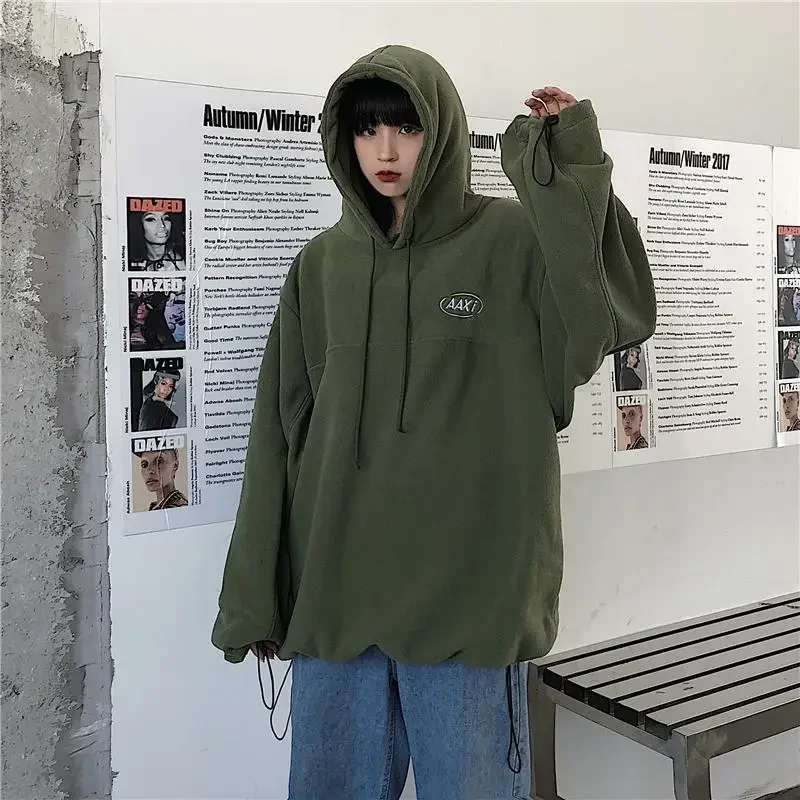 Deeptown Harajuku Fleece Women Hoodies Oversized Streetwear Vintage Korean Fashion Female Black Sweatshirts Y2k Green Pullovers