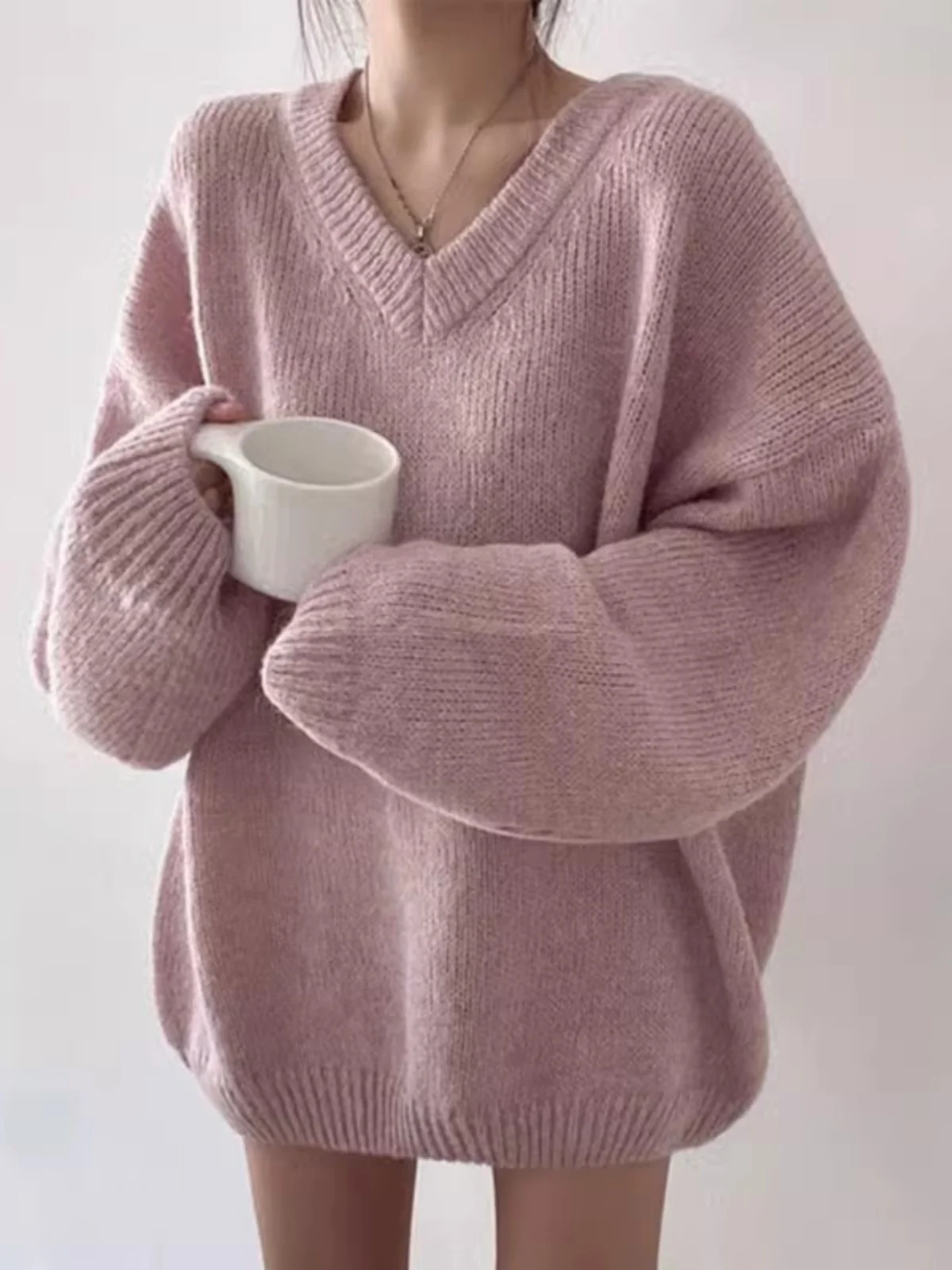 Ele V-Ne Long Sve تريكو المرأة فضفاضة تناسب مريحة Sle ربيع الخريف موسم اللون عارضة أعلى