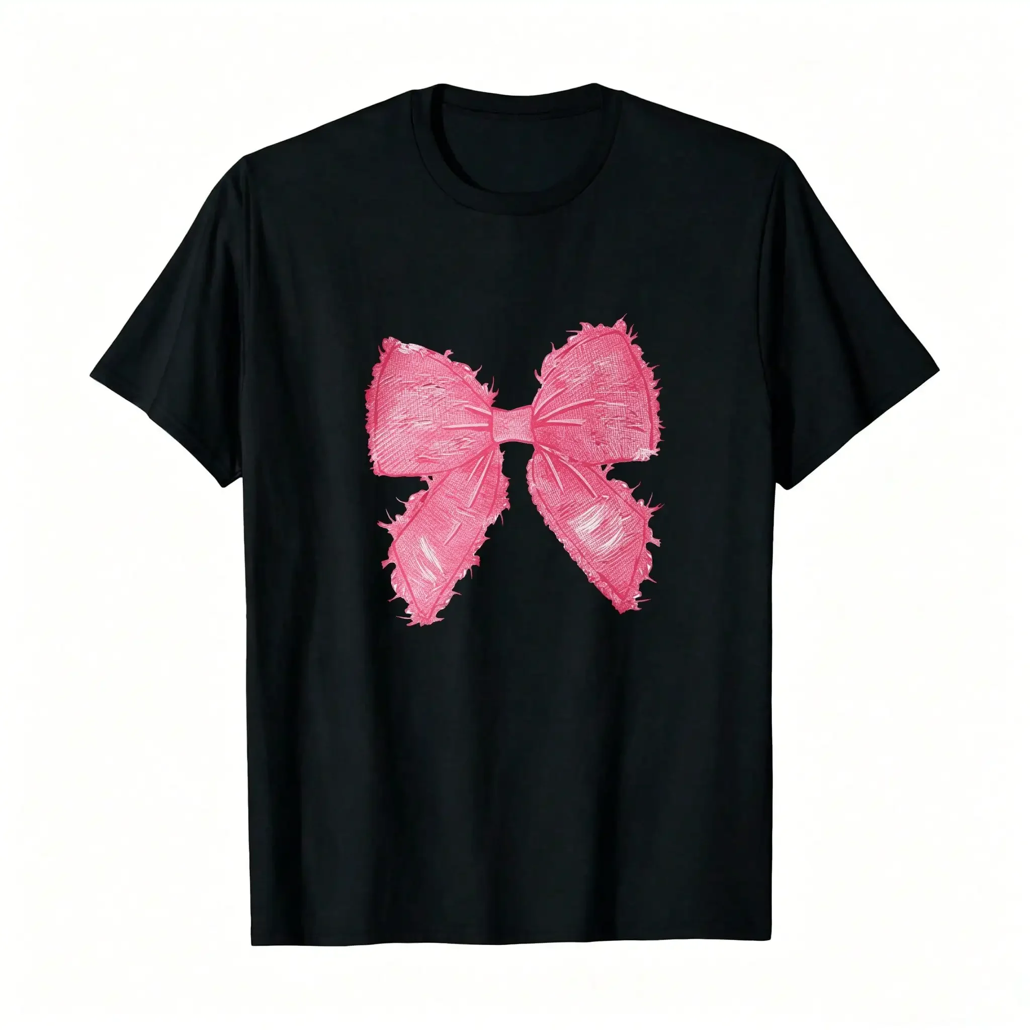 Women's Y2K Style Cropped T-Shirt - Slim Fit, Breathable & Comfortable Short Sleeve Top With Pink Bow Print_,Breathable And Comfortable Short-Sleeved Round-Neck Top, Suitable For All Seasons, Everyday Wear For Women