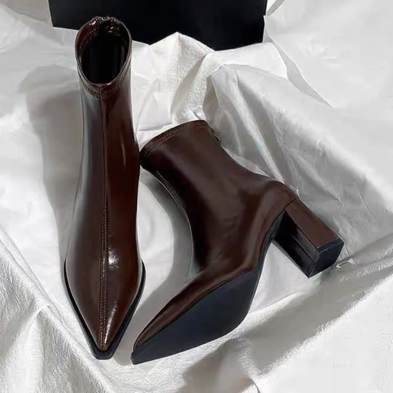 

Pointed Toe High Heels Women Short Boots Designer Leather Elegant Shoes 2025 Winter New Fashion Ankle Shoes Dress Pumps Zapatos