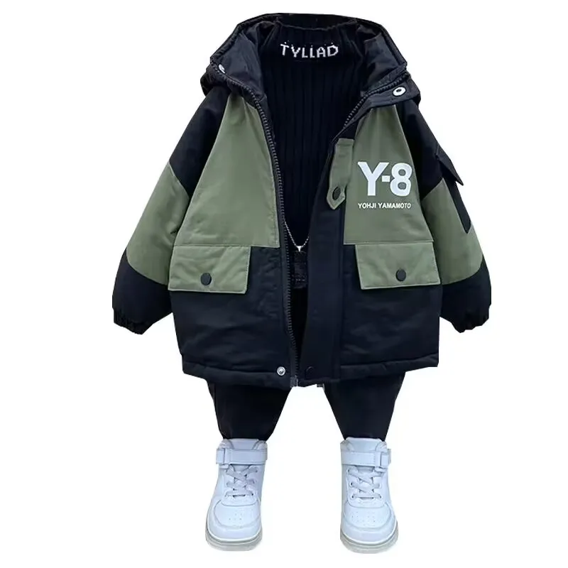 Boys\' Thickened Hooded Coat 2023 New Autumn and Winter Fashion Children\'s Baby Warm Cotton Jacket Pie Overcome Top