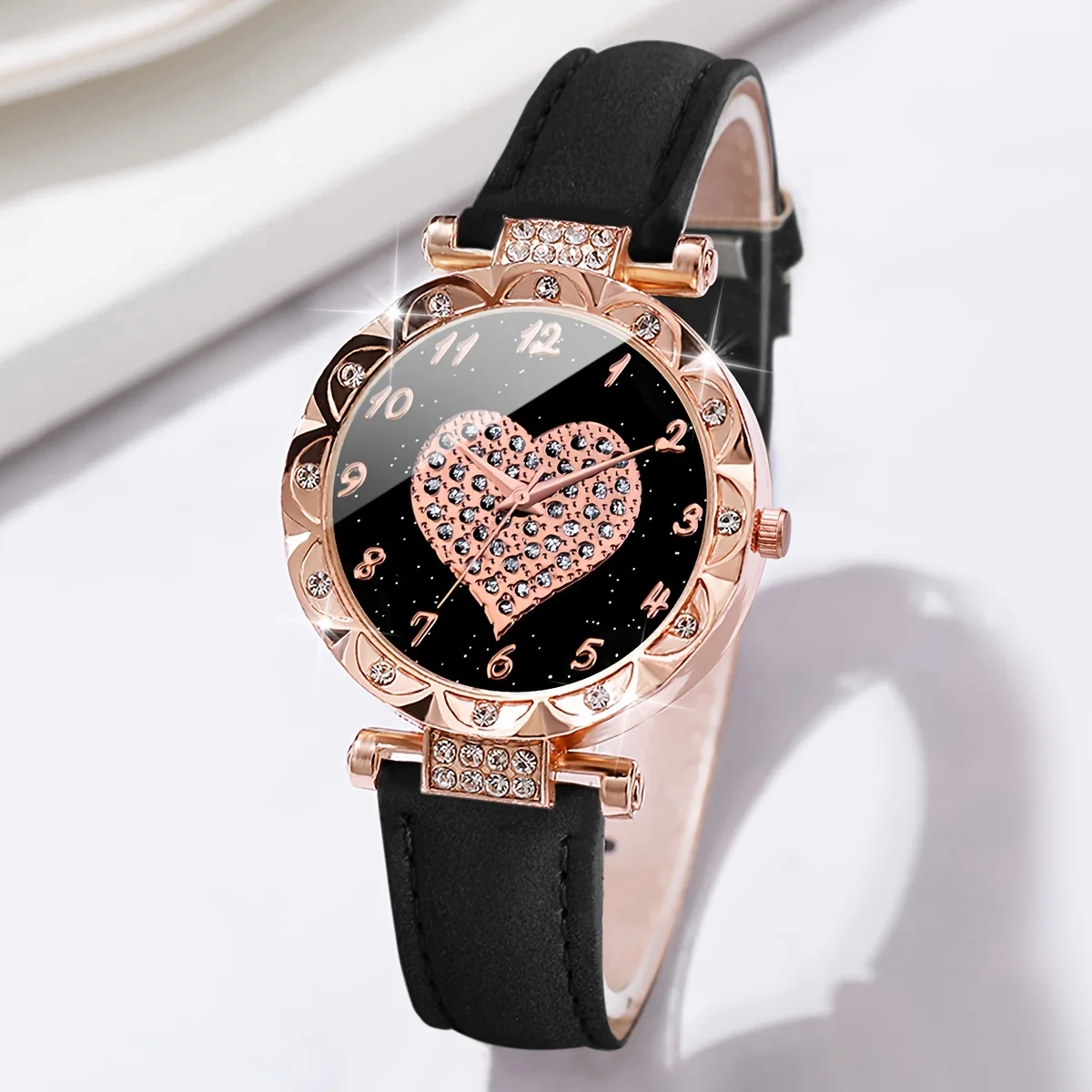 Colección de Relojes de diamantes de imitación de corazón brillante para mujer, reloj analógico de cuarzo con bandas de cuero PU y pulseras elegantes, 6 piezas por juego