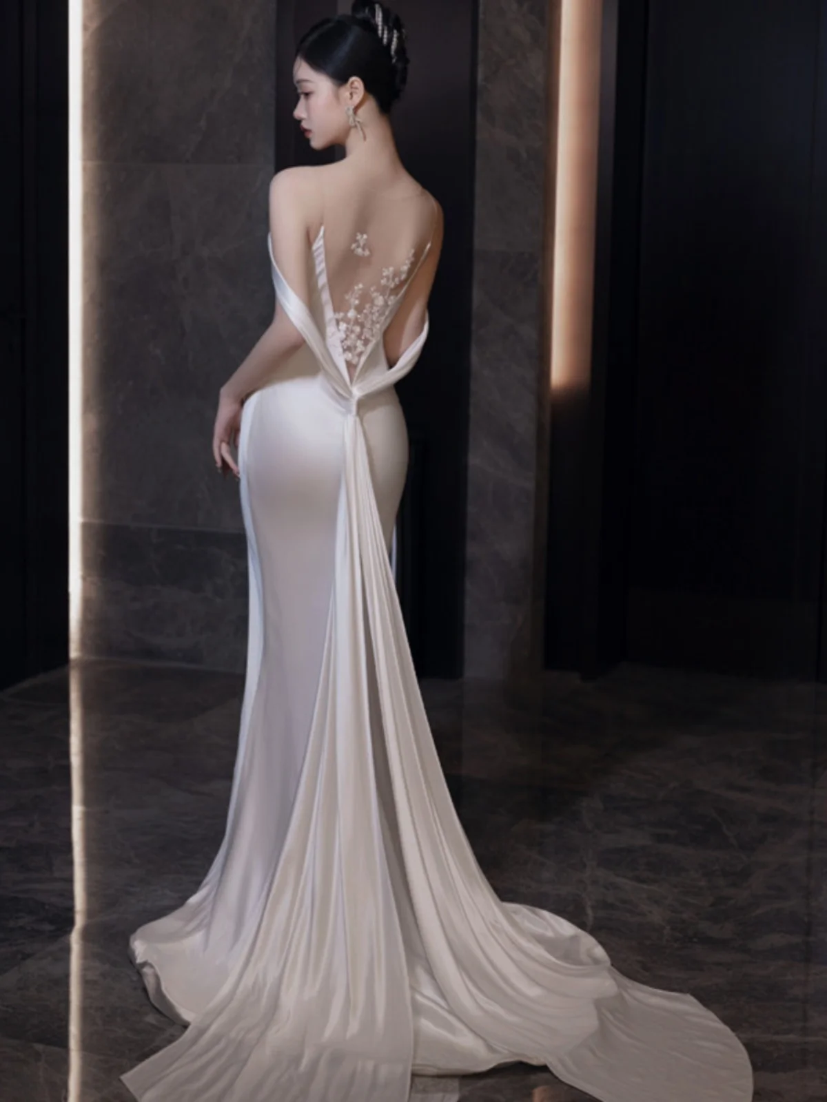 Simple Ele une épaule blanc mariée Dr minceur Fi queue avec Train voyage photoaphy nouveau 2025 omsmen bienvenue Dr