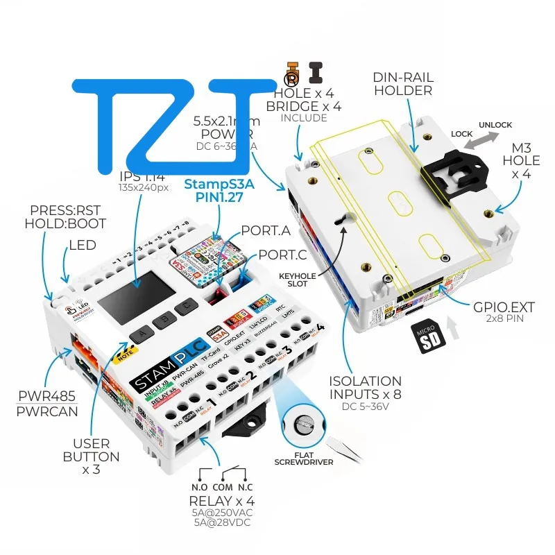 Программируемый логический контроллер TZT M5Stack StamPLC IoT ESP32S3 Облачный мониторинг данных для промышленной автоматизации