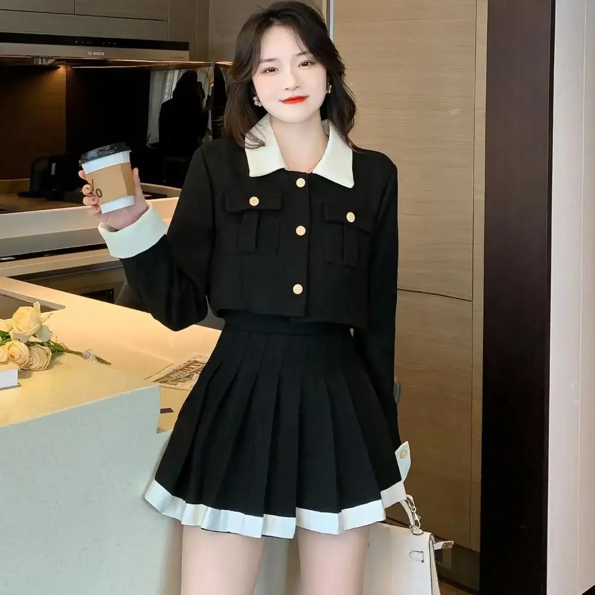 french-style-uniform-short-coat-high-waisted-pleated-skirt-two-piece-college-style-uniform-women-autumn-winter-dress-set