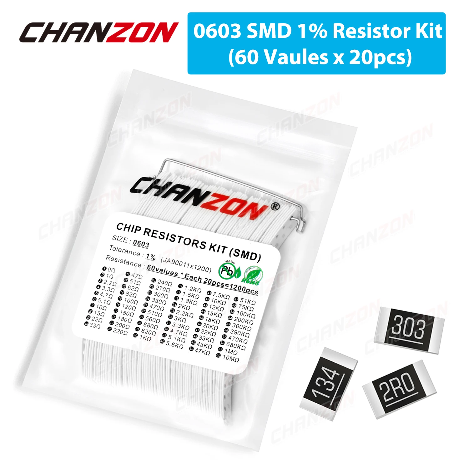 60 valores x 20 piezas SMD 0603 resistencias juego surtido 1200 piezas 0ohm - 10M Ohm 1/10 Watt 1% Kit de resistencia de chip de película de alta