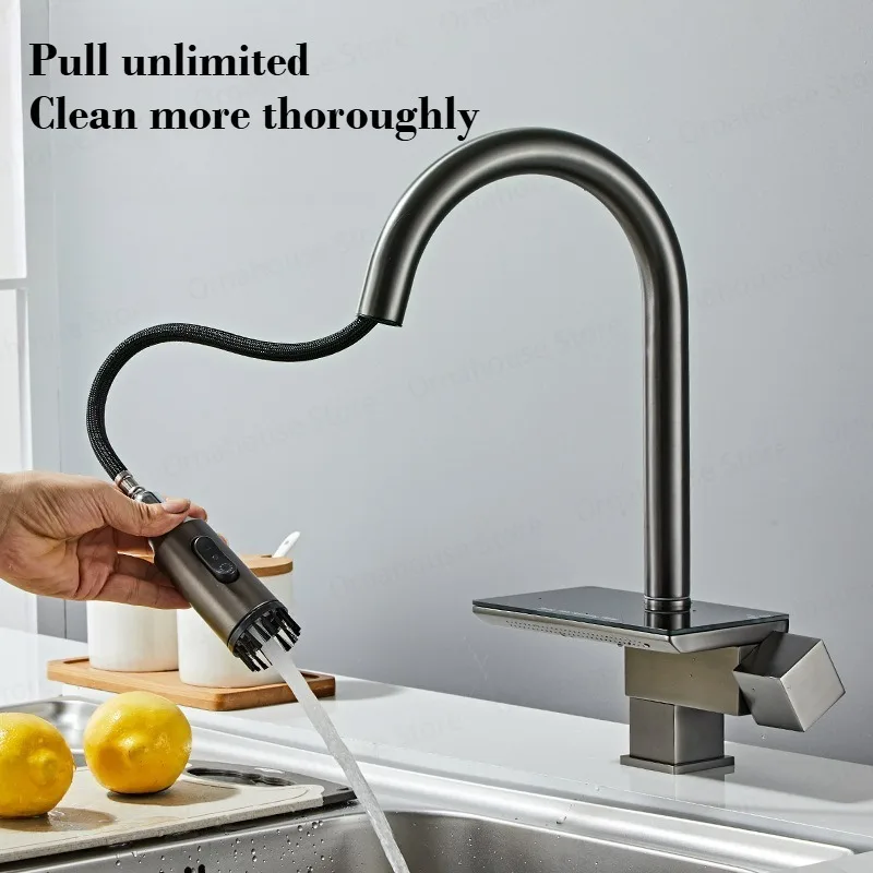 

Kitchen Faucet Kitchen with Pull Down Sprayer Gray Brass Rotatable Deck Mount Kitchen Sink Faucet with Single Handle