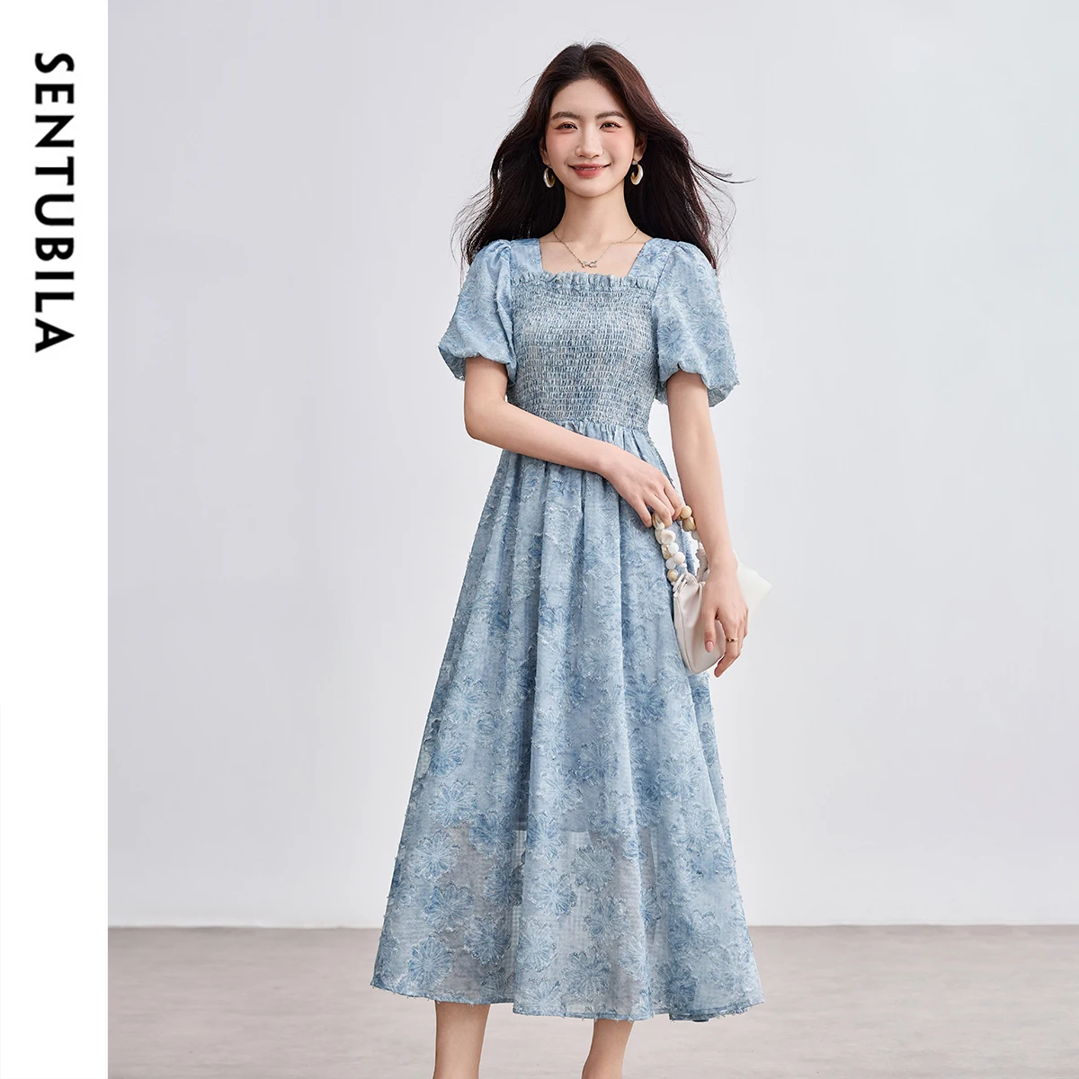 

SENTUBILA Women's Summer Dress 2025 Elegant Jacquard Bubble Sleeve Midi Dresses Square Neck Office Wear Woman Clothing W52LF2205