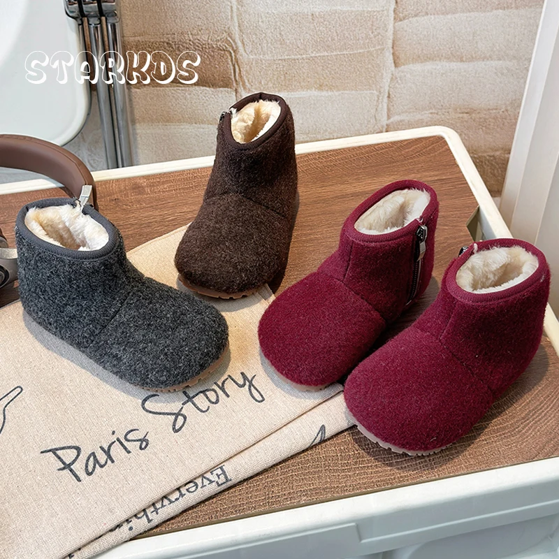 

Red Fur Boots Kids Girls Winter Warm Wool Shoes Baby Boys Concise Soft Sole Thick Plush Snow Botas With Side Zipper