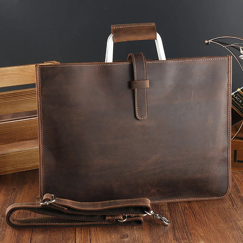 Crazy Horse Leather Men's Tote Bag, Horizontal Style, British Vintage Top-Grain Leather Briefcase