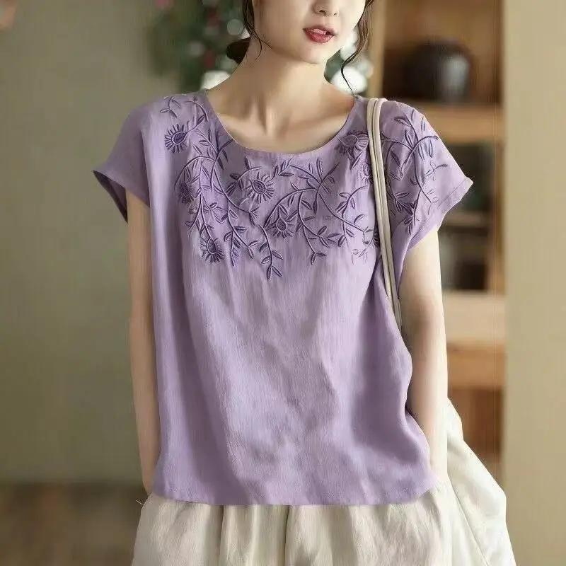 

Plus Size Women's Summer Retro Comfortable Short Sleeve T-Shirt Cotton Linen Floral Thin Office Lady Fashion