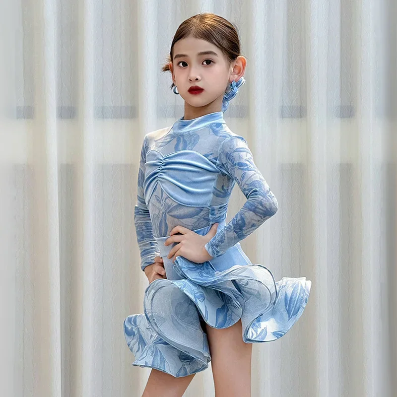 Nuovo vestito da ballo latino vestito da prestazione per ragazze Cha Cha Rumba abbigliamento manica lunga vestito da ballo blu tuta per bambini gonna set VDL4331