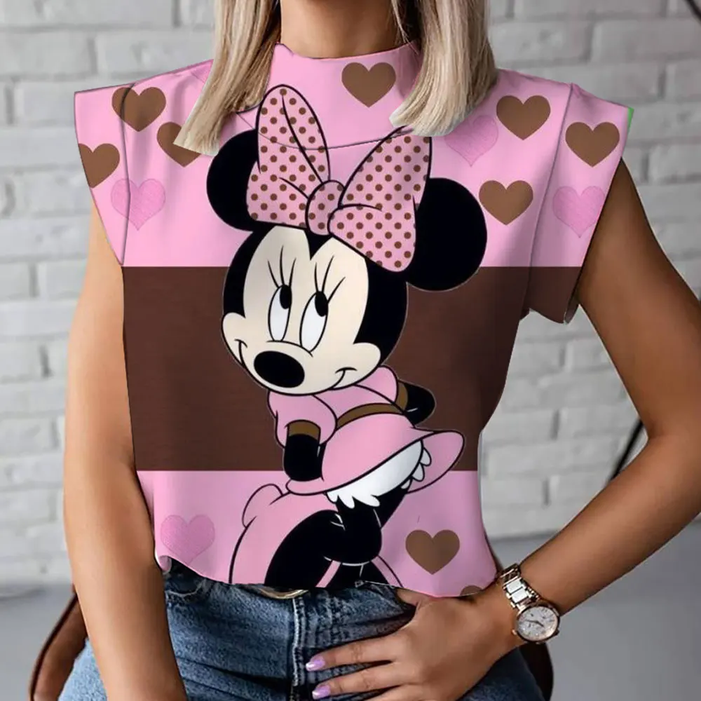 Dames Hoge Kraag T-Shirt Zomer Nieuwe Mickey Minnie Cartoon Casual Korte Mouw Modieuze En Comfortabele Dames Korte Mouw