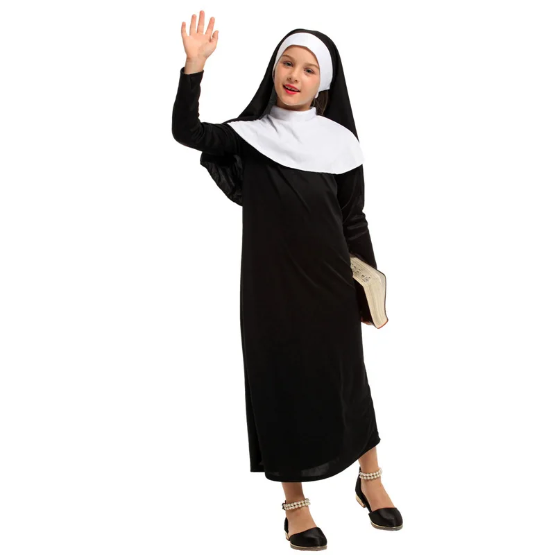 Girls Christian Catholic Religion Missionary Nun Black Costume Child Halloween Book Week Purim Party Fantasy Fancy Dress