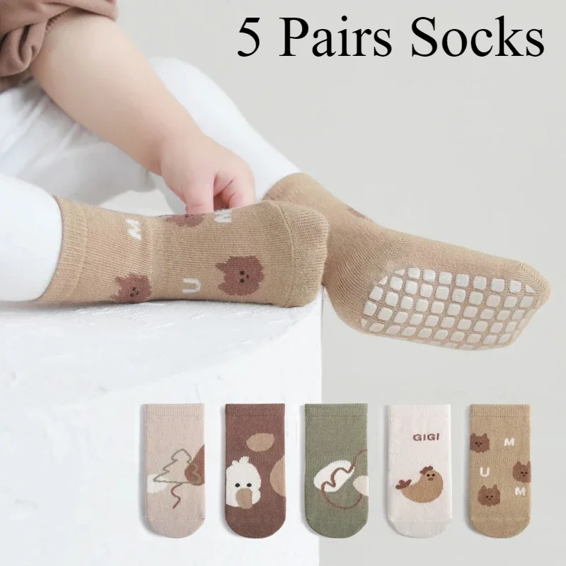 5 пар носков-тапочек с героями мультфильмов, домашние теплые аксессуары для шлангов, детские носки, противоскользящие детские носки для малышей, От 0 до 5 лет