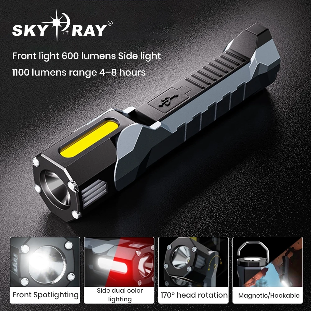SKYRAY SW600 LED Working Light  USB Rechargeable Dimmable Flashlight Super Bright COB Lanterna 18650 Battery with Magnetic &Hook