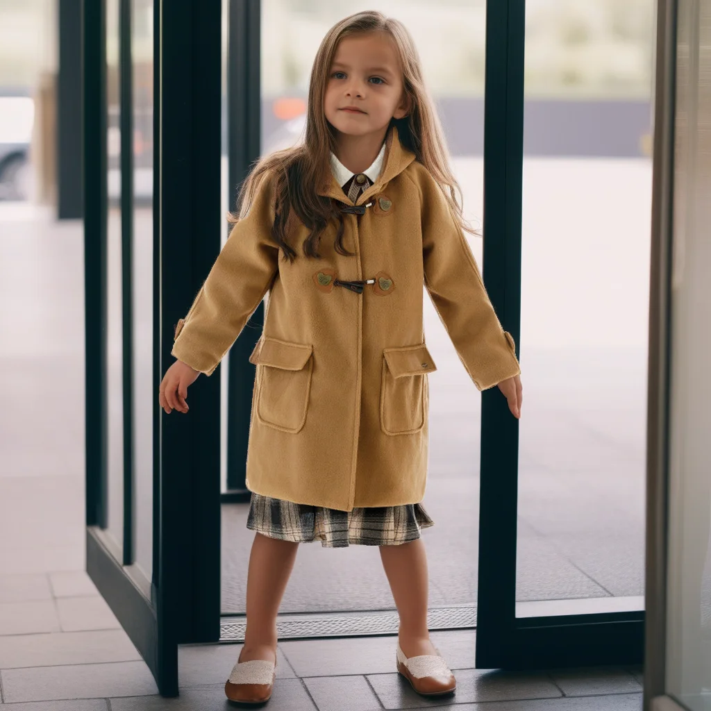 

Girls Wool Coat Autumn Winter Warm Thick Wool Blend Jacket Casual Versatile Toggle Button Hooded Teen Kids Outerwear 10 12 Years