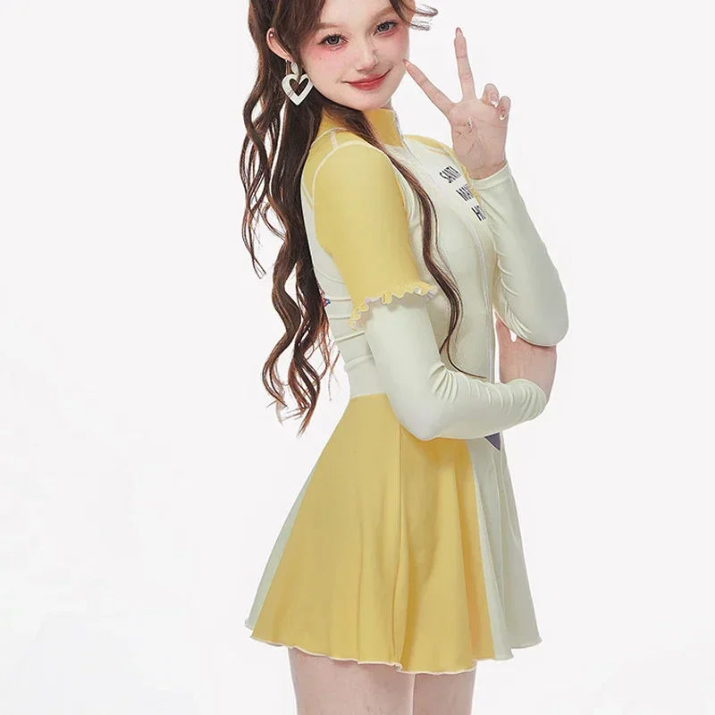 Cute Long Sleeve Rash Guard Women Patchwork One Piece Swimsuit Dress Zipper Swimwear Surfing Suit High Neck Diving Clothes