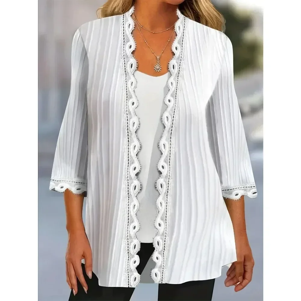 

Plus Size 1XL-5XL Women Solid Ribbed Contrast Lace Three Quarter Sleeve Cardigan Elegant loose fitting Outwear
