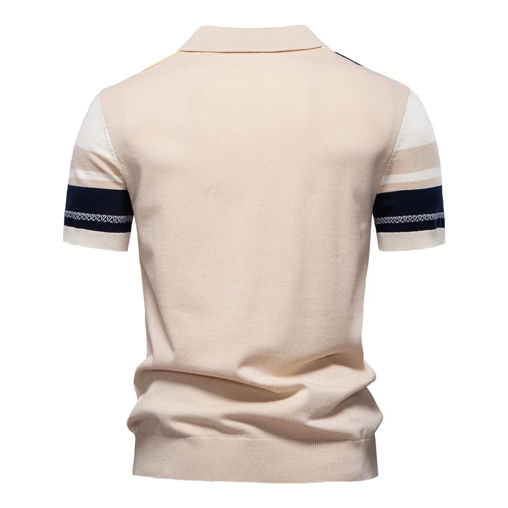 Summer Men's Clothing Retro Knit Lapel Striped Polo Shirt Solid Color Short Sleeve Fashion Light Luxury Popular Knitwear M-3XL