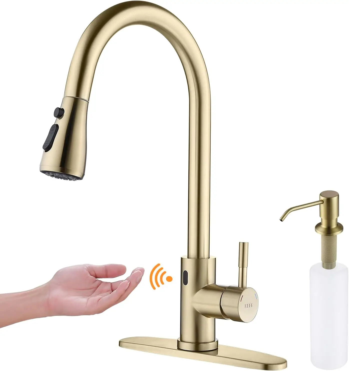 

Бесконтактный кухонный смеситель с датчиком движения и дозатором мыла, выдвижной распылитель золотого цвета