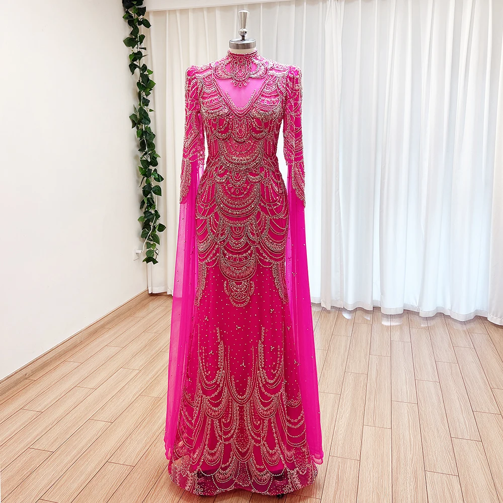 Luxury Dubai Mermaid Evening Dress with Cape Sleeves for Women 2024 Arabic Muslim Formal Prom Wedding Party Gown Customized