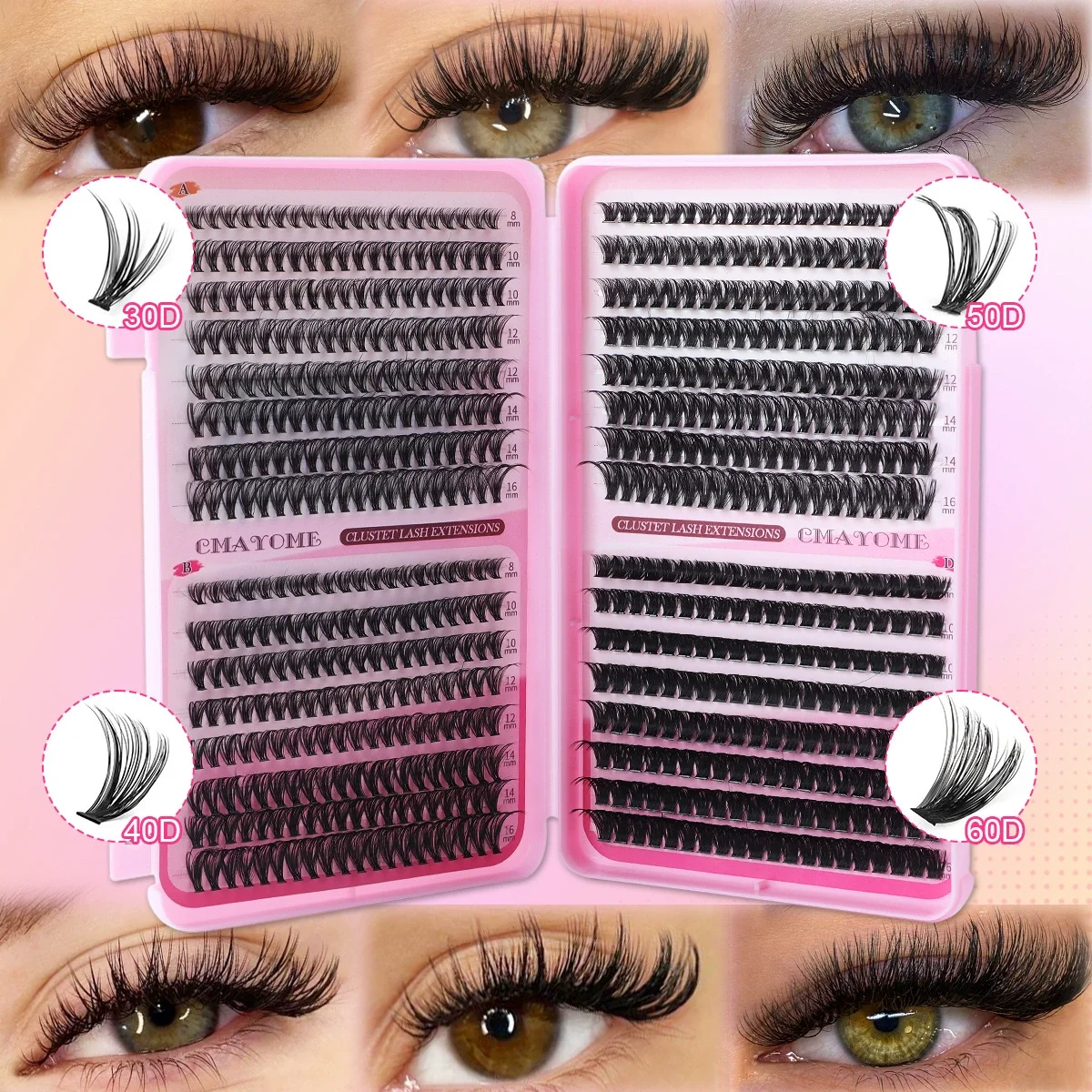 Hot Melt Stems, 32 Rows, 640 Clusters, Eyelash Book, D-curve, Extra long, Naturally Grafted, Mixed With Dense Hair