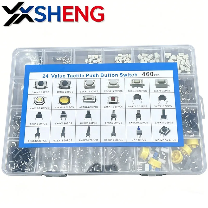 24 Values Tactile Push Button Switch 460PCS SMD Micro Momentary Tact Switch Assortment Kit For Car Remote Control With Box