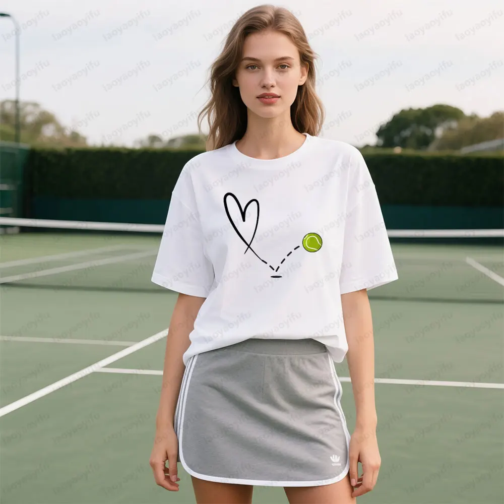 Tennis Route Heart Creative Printed T-shirt Tennis Enthusiast Women Crewneck Cotton Short Sleeve Summer Casual Daily Life Tees
