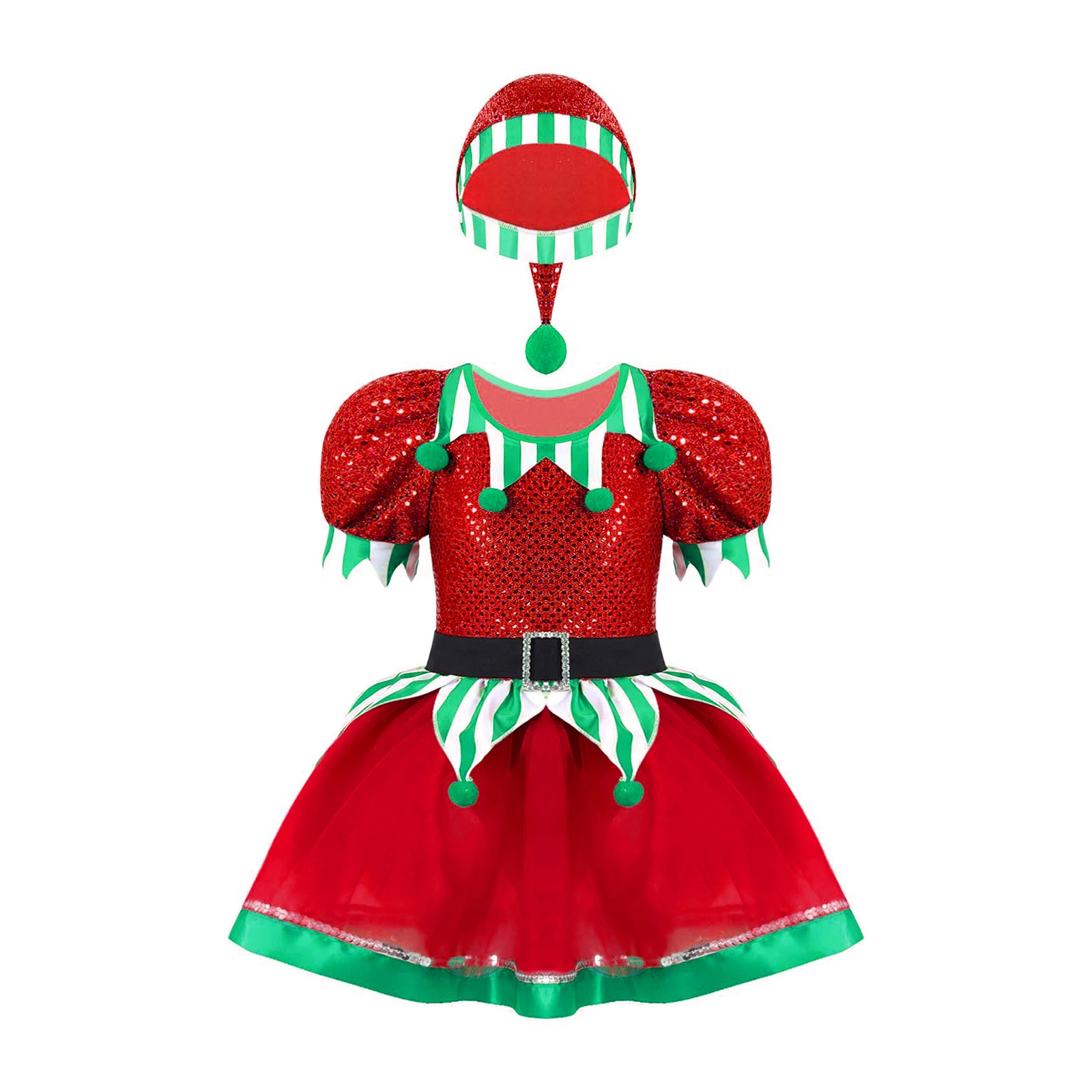 Fancy Girl Green Elf Dress Kids Girls Christmas Halloween Party Fairy Princess Cosplay Costume Sequins Pompoms Mesh Tutu Dress