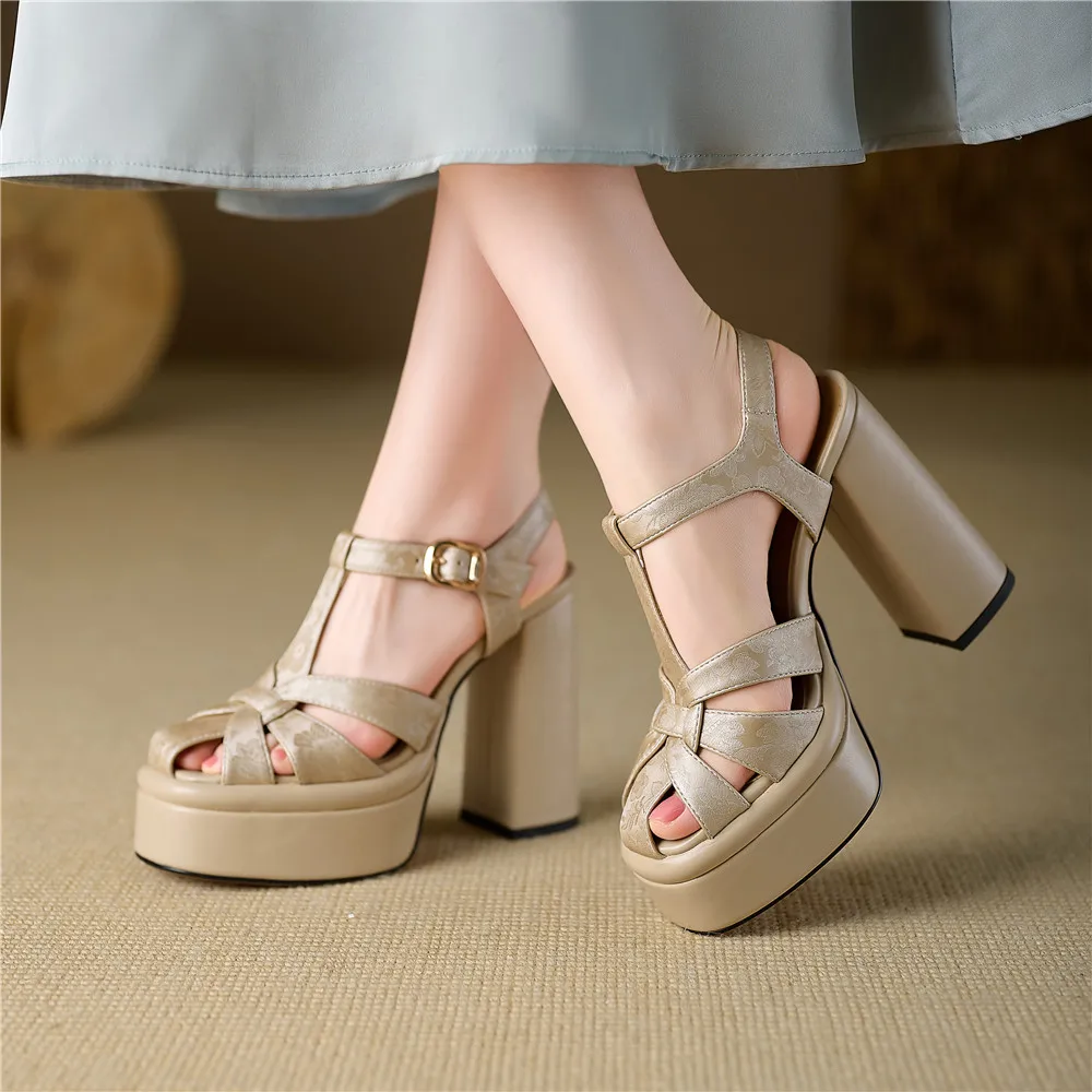 Aucegi Summer Apricot Silver Women Embossed Leather Sandals Round Toe Platform Square High Heels Fashion Career Dress Shoes