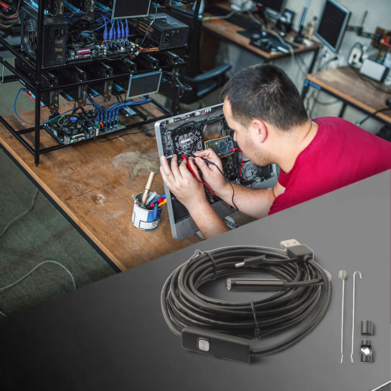 Borescope Inspection Tool Features an IP67 Waterproof Rating an Adjustable LED Light System and a Length of Five Meters HD