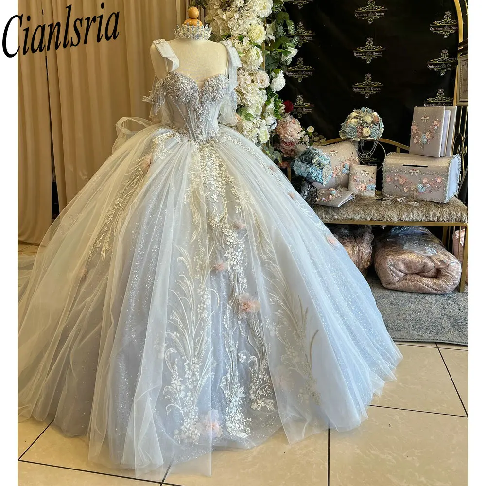 Silver Spaghetti Strap 3D Flowers Quinceanera Dresses Ball Gown Beading Crystal Appliques Lace Sweet 15 Birthday Party