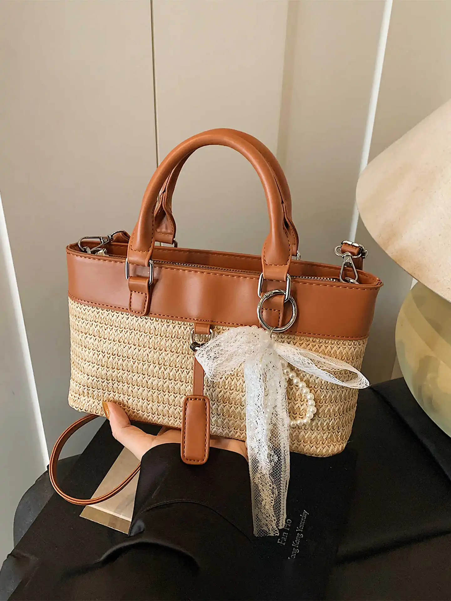 

Summer PU Splicing Woven Bag Zipper with Pendant Women Crossbody Bags French Casual Fashion Female Vacation Handbag