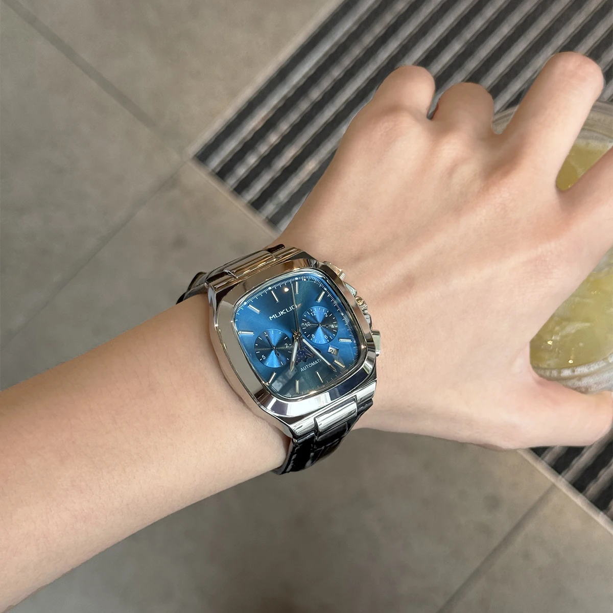 MUKUO Men's Square 6-pin Moonphase Fully Automatic Mechanical Watch with Luminous, Waterproof, Business and Fashion Features
