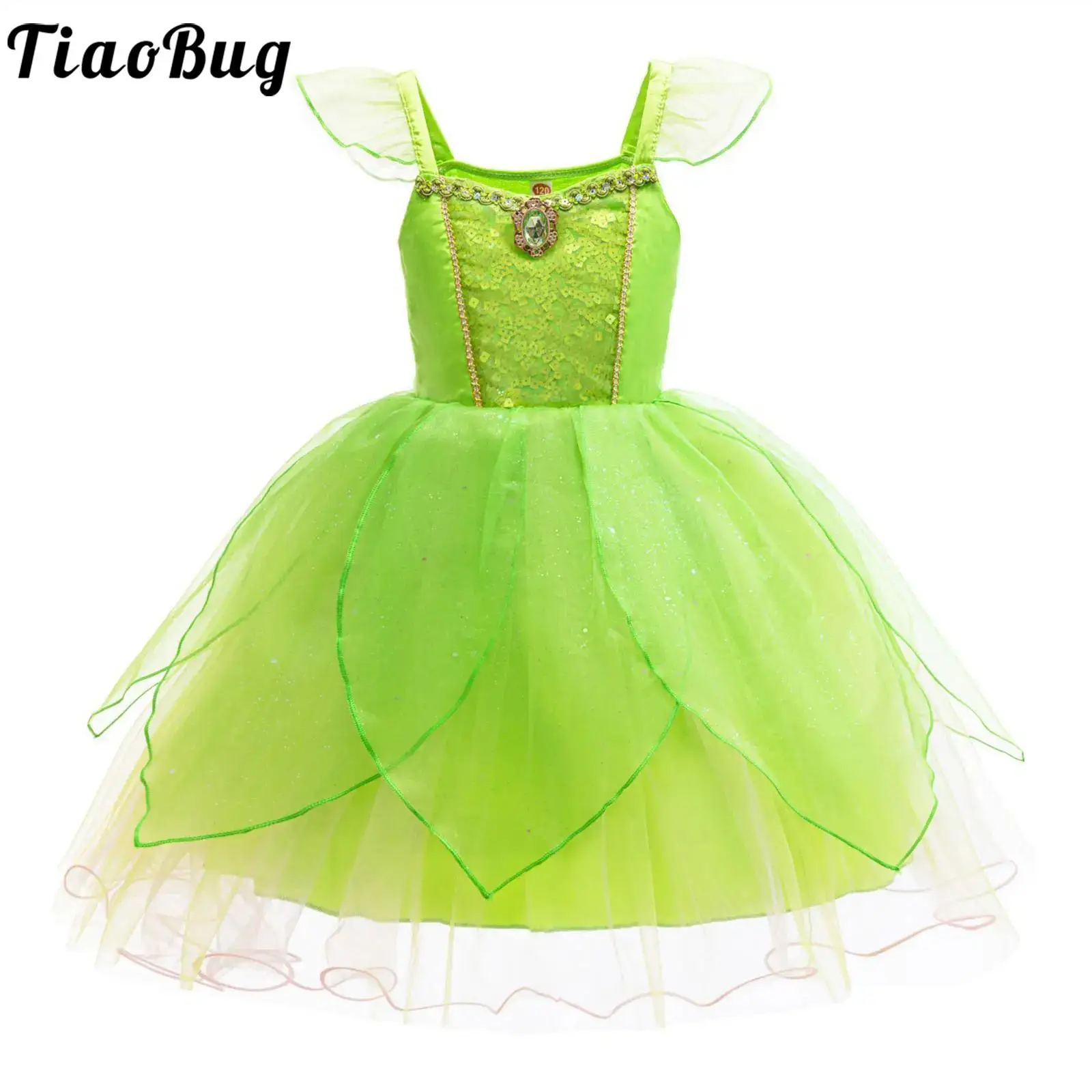 

Girls Green Halloween Fairy Fancy Dress Costume Sequins Fly Sleeve Mesh Puffy Dress for Birthday Themed Party Stage Performance