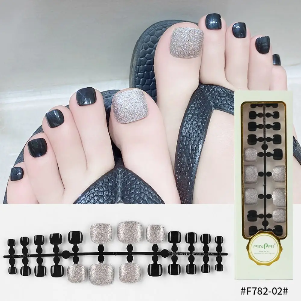 24 قطعة الترتر الأظافر وهمية غطاء كامل قصير ساحة تو الأظافر القدم الأظافر نصائح للفتيات النساء