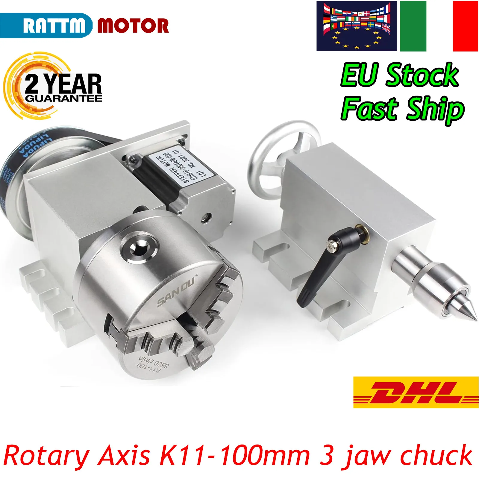 『EU Stock』CNC A Axis 4th Fourth Axis K11-100mm K11-80mm 3 jaw chuck dividing head Rotation Axis with MT2 65mm Tailstock