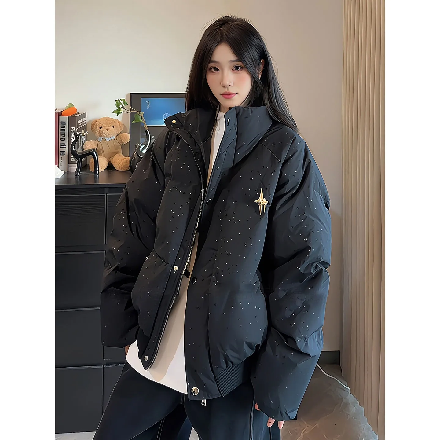 

Cleanfit Bla Star down Cotton Jaet Men's Winter American High Street Coat Stand Collar Couple's Breadth Sle Coat