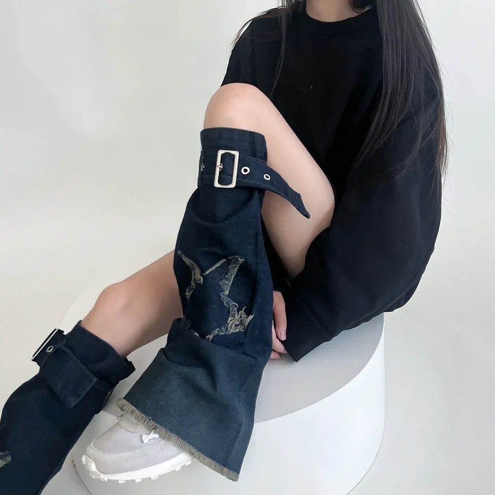 Y2K Punk Girl Subculture Denim Adjustable Tightness Leg Garter Horn Women's Leg Warmers Harajuku Foot Sock Long Calf Socks