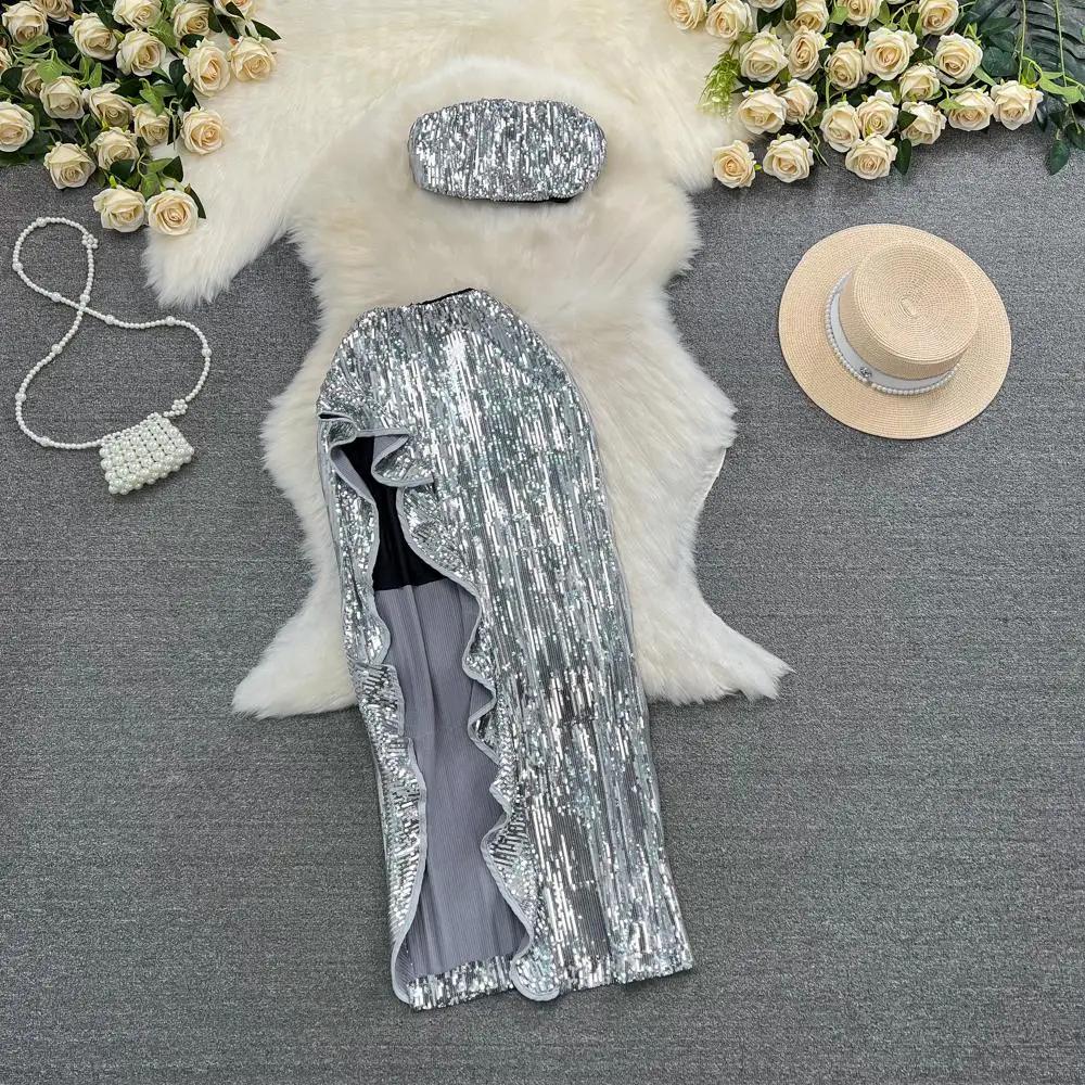 

Модный блестящий комплект с высокой талией, женский укороченный топ на бретелях для девочек, комплект из двух предметов для похудения, сплит-мягками, облегающий...