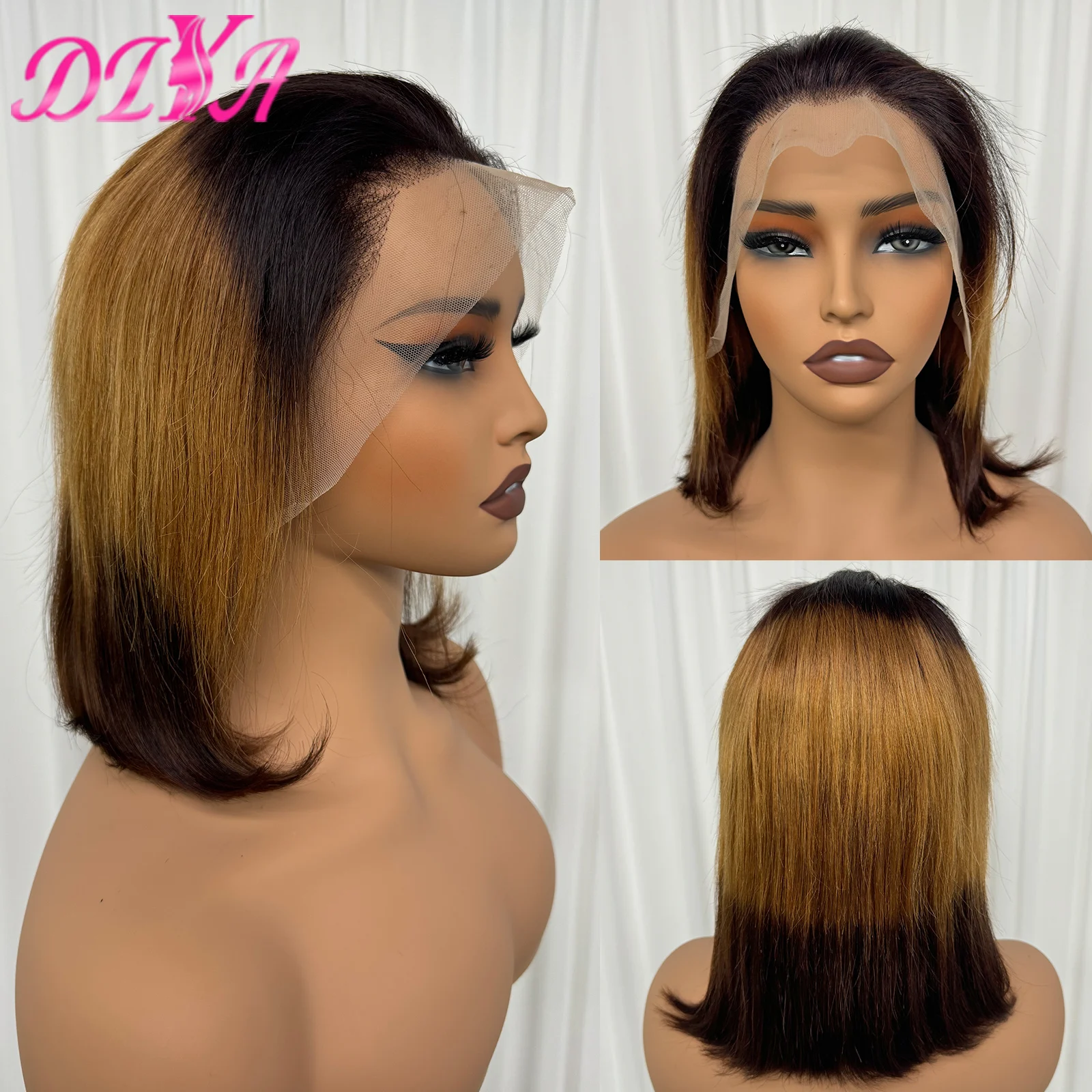 Perruque Bob Lace Wig Remy Brésilienne Naturelle, Cheveux Courts Lisses, 13x4, P4/27, à Reflets, pour Femme Africaine