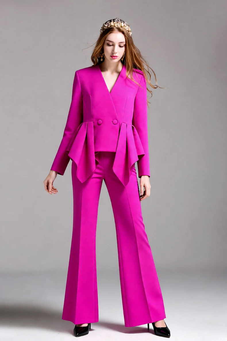 Women's Fuchsia Peplum Blazer & Wide Leg Pants 2 Piece Suit Set - Elegant Double Breasted Long Sleeve Formal Pant Suit