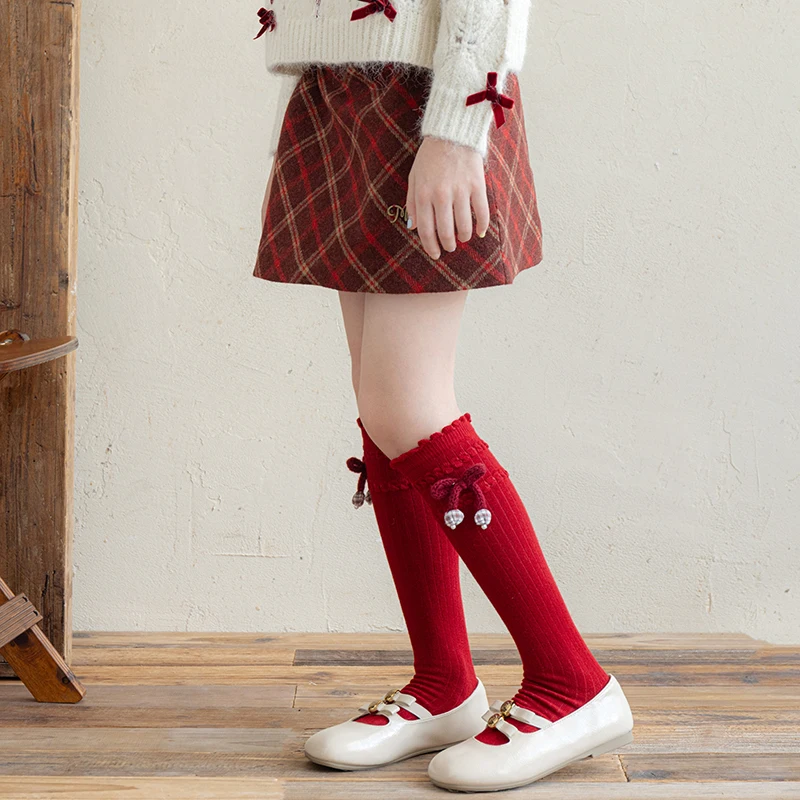 Romantic Girls Decorative Knee Socks Delicate Hand Crochet Cherry Design Adorned With Cute Little Pearls Cozy Stretch Calf Socks