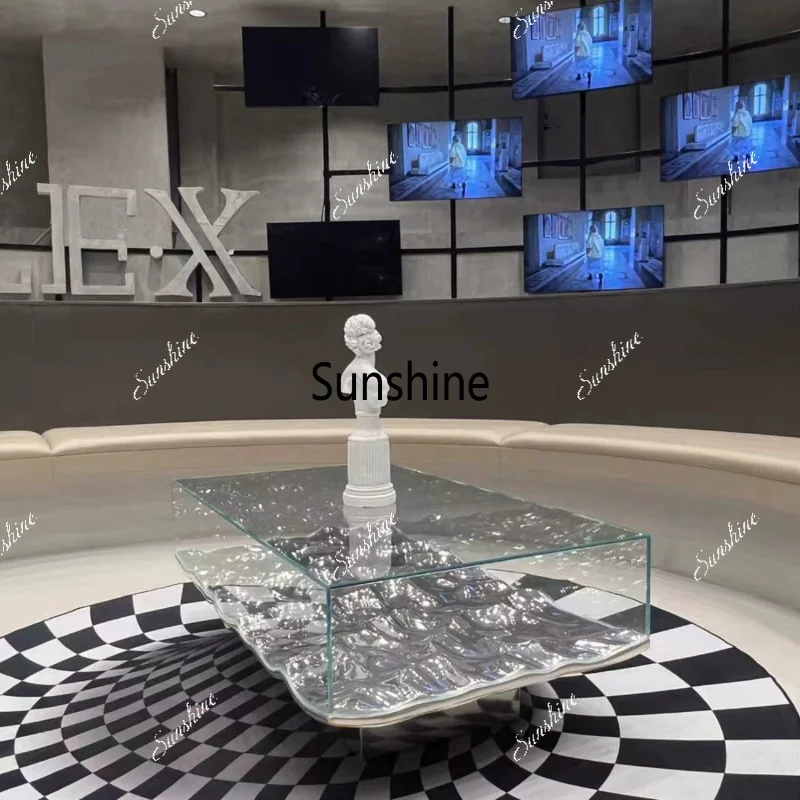 Nordic light luxury design water ripple coffee table silver tempered glass transparent high sense