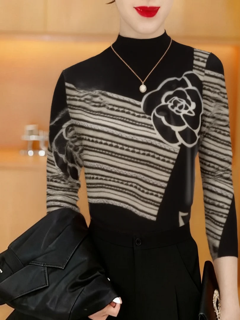 

Thickened Fleece High Collar Printed Base Shirt Women's Belly Concealing Slimming Mommy Style Warm Top Trendy Bestseller