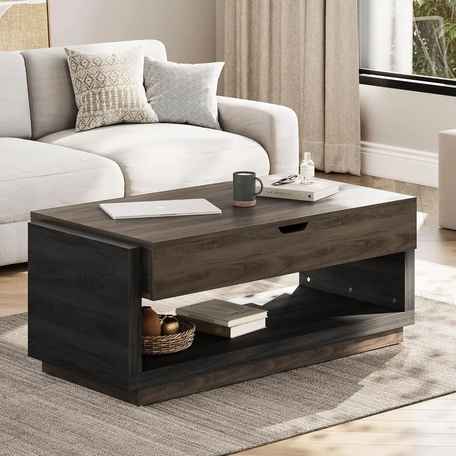 Coffee Table, Lift Top Coffee Table with Hidden Compartment and Open Storage Shelf, Central Table for Living Room