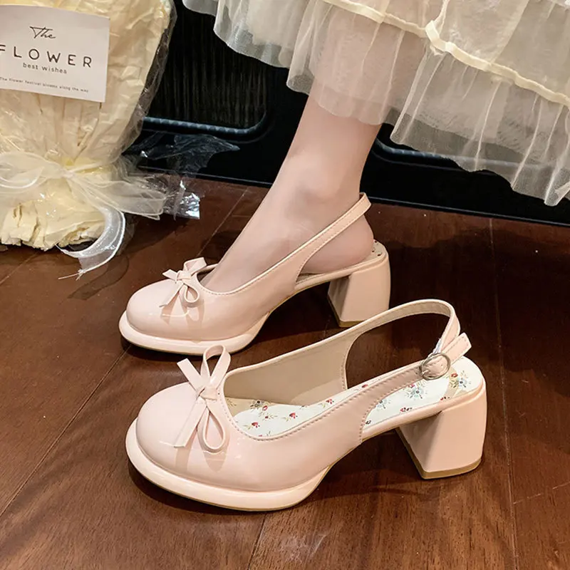 

6.5CM Women High Heels Dress Sandals Fashion Patent Leather Back Strap Pumps Summer Bag Head Butterfly Knot Single Shoes Lady