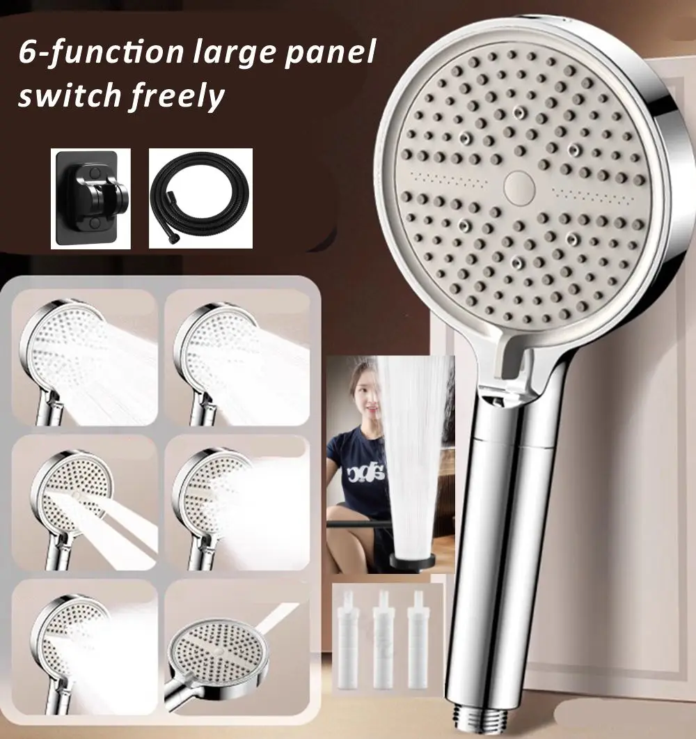 New 1Pcs Big Panel High Pressure Shower Head Adjustable 6 Spray with Filter Large Water Outlet Bathroom Accessories Set